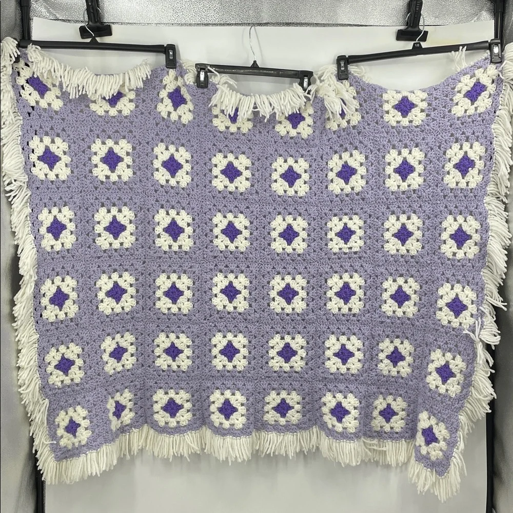 Vintage Crocheted Granny Square Lavender Floral Fringe Afghan Throw Blanket